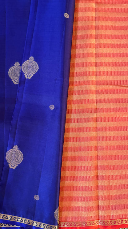 KANJIVARAM PURE SILK HANDLOOM SAREE in Royal Blue and Orange Elegance