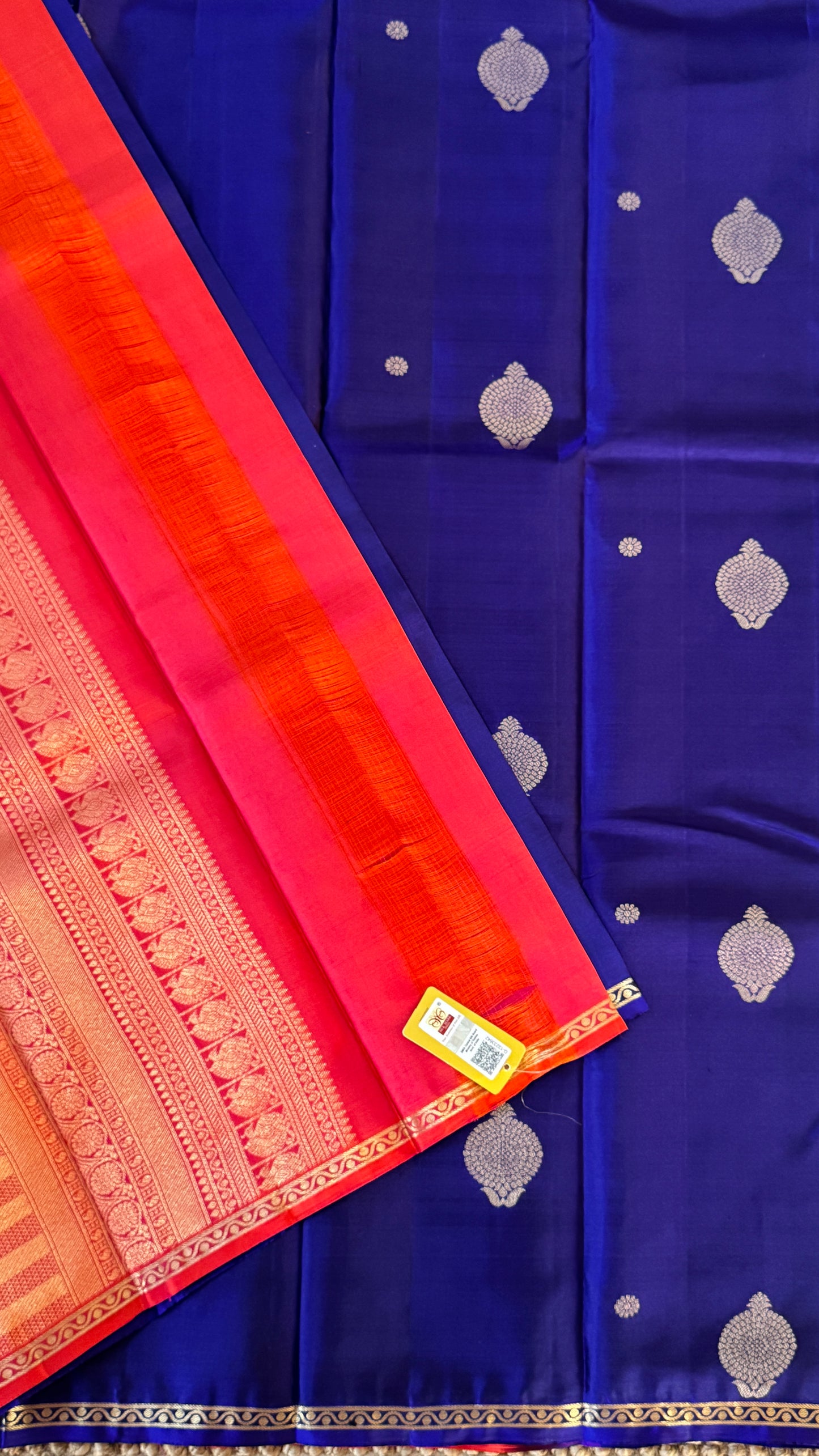 KANJIVARAM PURE SILK HANDLOOM SAREE in Royal Blue and Orange Elegance