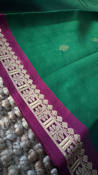 KANJIVARAM PURE SILK HANDLOOM SAREE in Bottle Green and Purple Elegance
