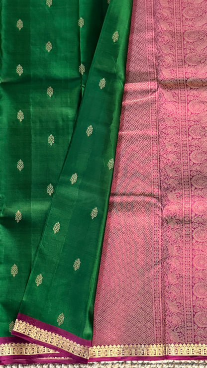 KANJIVARAM PURE SILK HANDLOOM SAREE in Bottle Green and Purple Elegance