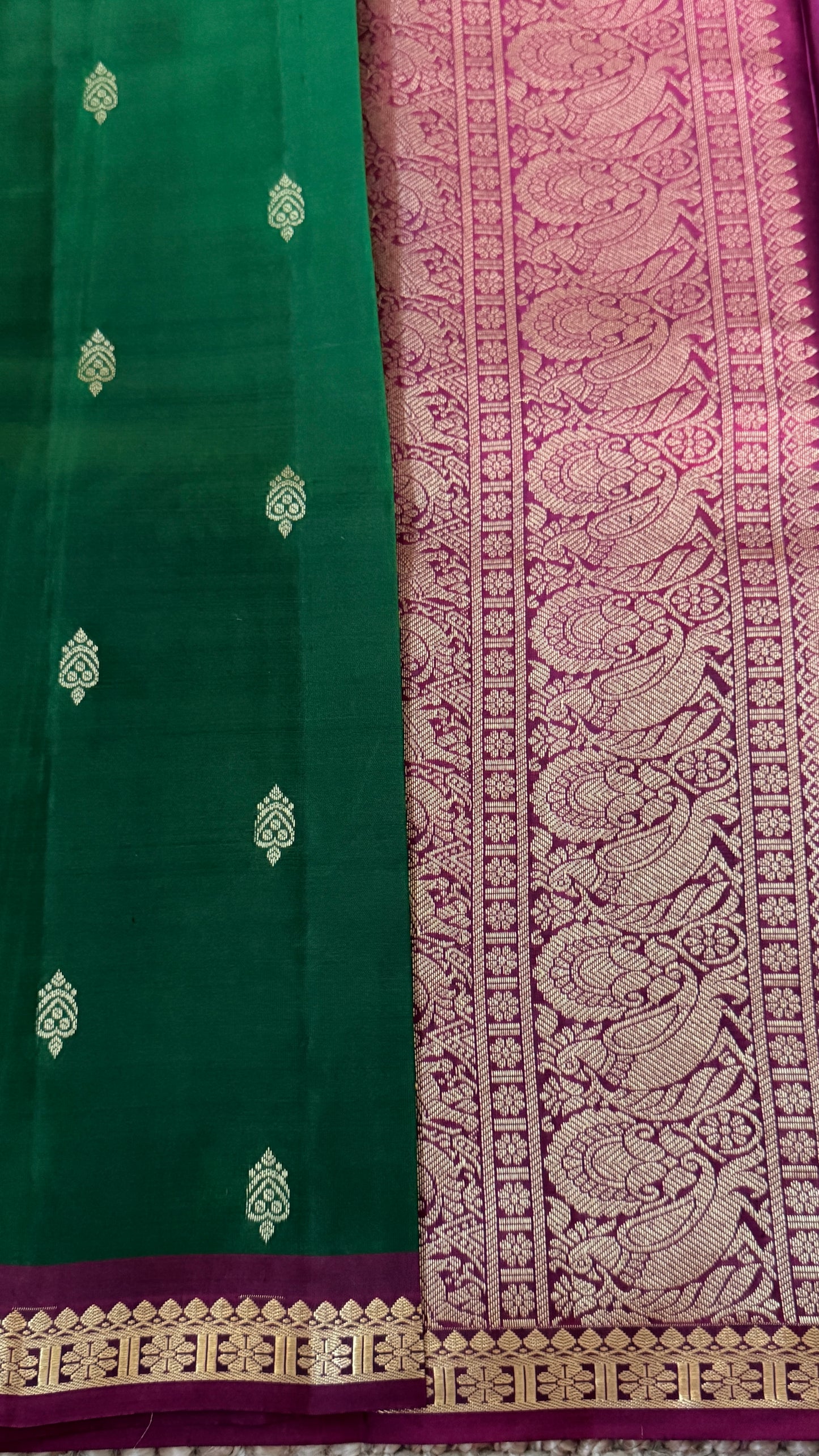 KANJIVARAM PURE SILK HANDLOOM SAREE in Bottle Green and Purple Elegance