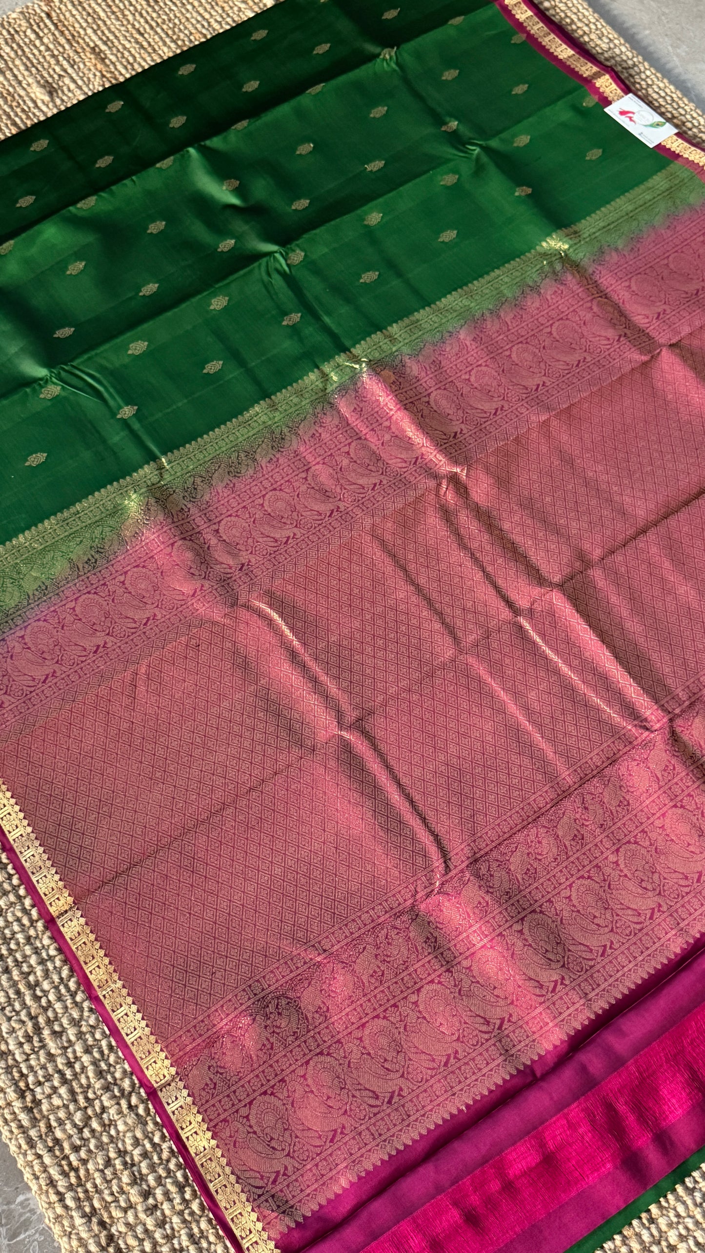 KANJIVARAM PURE SILK HANDLOOM SAREE in Bottle Green and Purple Elegance