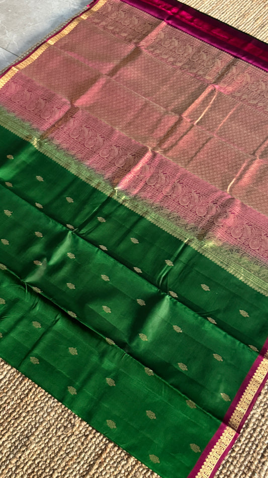 KANJIVARAM PURE SILK HANDLOOM SAREE in Bottle Green and Purple Elegance