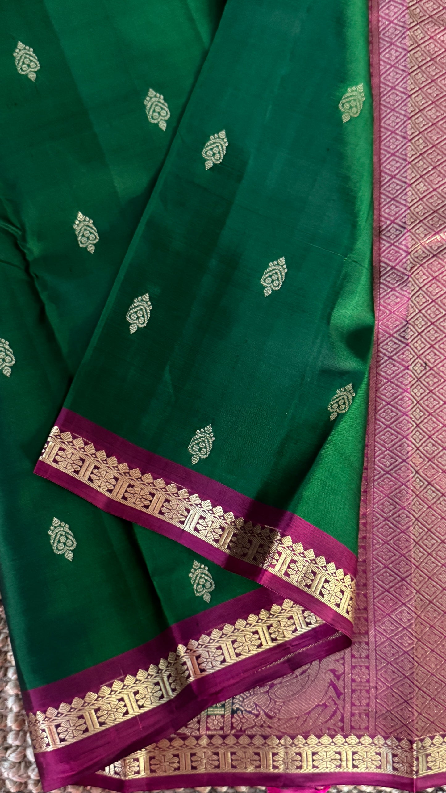 KANJIVARAM PURE SILK HANDLOOM SAREE in Bottle Green and Purple Elegance