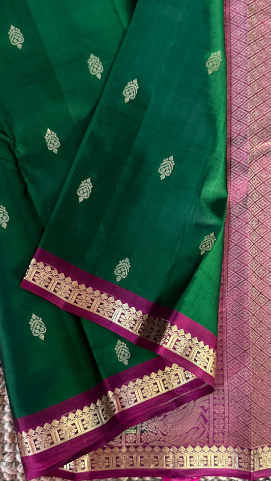 KANJIVARAM PURE SILK HANDLOOM SAREE in Bottle Green and Purple Elegance