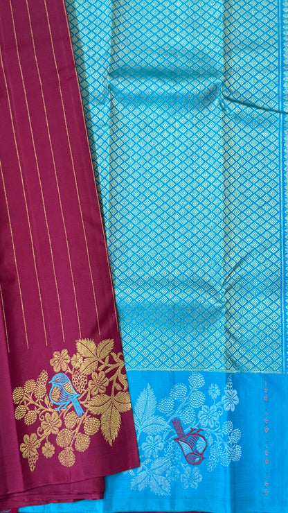 KANJIVARAM PURE SILK HANDLOOM SAREE – MAROON & BLUE, BORDERLESS WITH DUAL ZARI MOTIFS