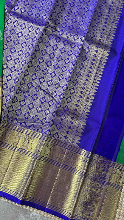 KANJIVARAM PURE SILK HANDLOOM SAREE in Green with Yali motif in Royal Blue