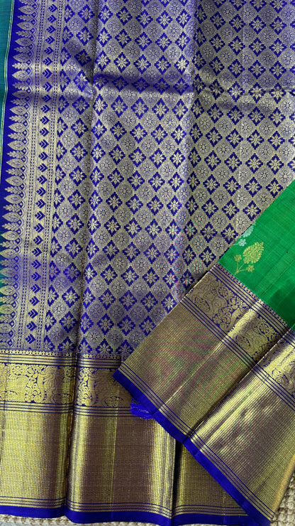 KANJIVARAM PURE SILK HANDLOOM SAREE in Green with Yali motif in Royal Blue