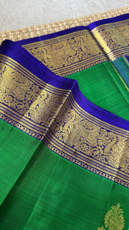 KANJIVARAM PURE SILK HANDLOOM SAREE in Green with Yali motif in Royal Blue