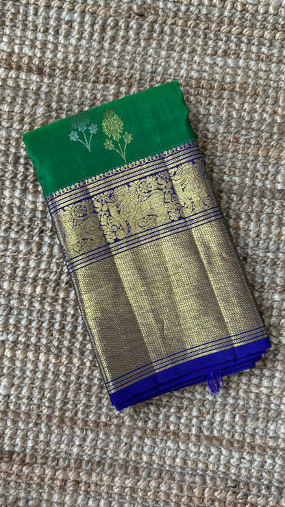 KANJIVARAM PURE SILK HANDLOOM SAREE in Green with Yali motif in Royal Blue