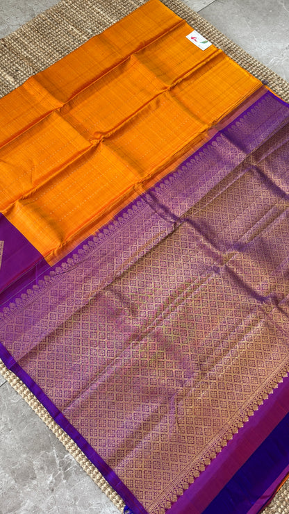 KANJIVARAM PURE SILK HANDLOOM SAREE – ORANGE WITH CONTRAST PURPLE PALLU