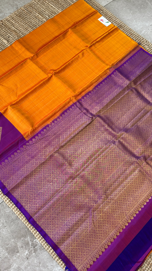 KANJIVARAM PURE SILK HANDLOOM SAREE – ORANGE WITH CONTRAST PURPLE PALLU