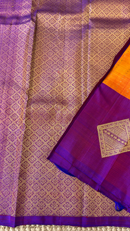 KANJIVARAM PURE SILK HANDLOOM SAREE – ORANGE WITH CONTRAST PURPLE PALLU