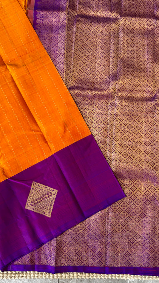 KANJIVARAM PURE SILK HANDLOOM SAREE – ORANGE WITH CONTRAST PURPLE PALLU