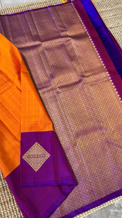 KANJIVARAM PURE SILK HANDLOOM SAREE – ORANGE WITH CONTRAST PURPLE PALLU