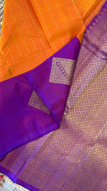 KANJIVARAM PURE SILK HANDLOOM SAREE – ORANGE WITH CONTRAST PURPLE PALLU
