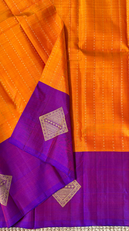 KANJIVARAM PURE SILK HANDLOOM SAREE – ORANGE WITH CONTRAST PURPLE PALLU