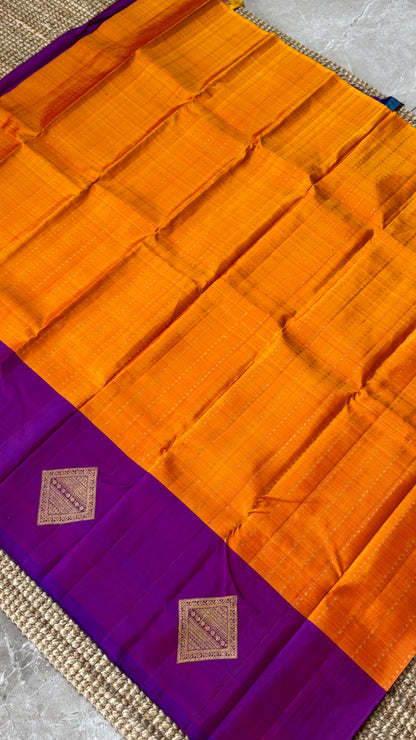 KANJIVARAM PURE SILK HANDLOOM SAREE – ORANGE WITH CONTRAST PURPLE PALLU