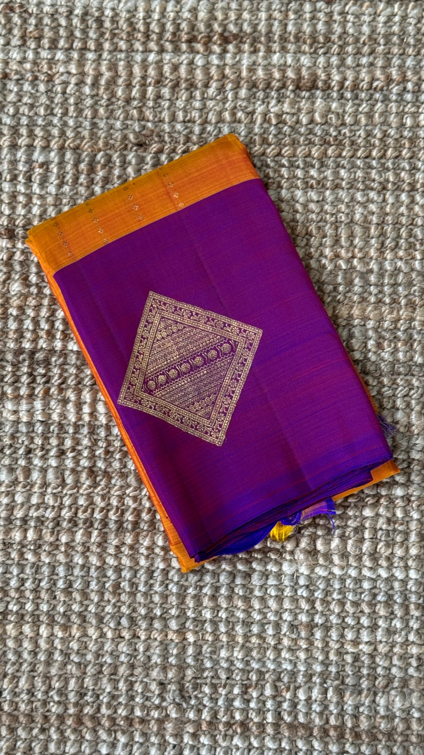 KANJIVARAM PURE SILK HANDLOOM SAREE – ORANGE WITH CONTRAST PURPLE PALLU