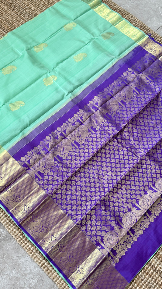 KANJIVARAM PURE SILK HANDLOOM SAREE – AQUAMARINE & PURPLE WITH MANGO AND PEACOCK MOTIFS