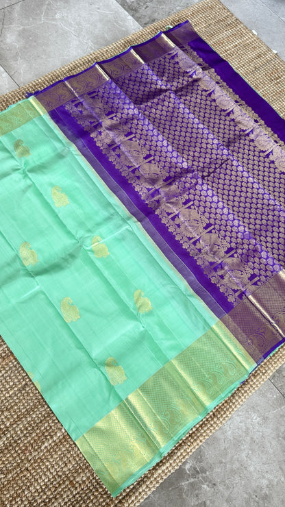 KANJIVARAM PURE SILK HANDLOOM SAREE – AQUAMARINE & PURPLE WITH MANGO AND PEACOCK MOTIFS