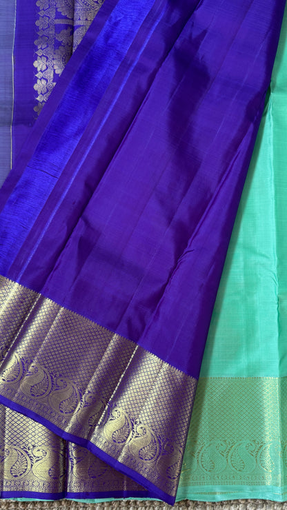 KANJIVARAM PURE SILK HANDLOOM SAREE – AQUAMARINE & PURPLE WITH MANGO AND PEACOCK MOTIFS