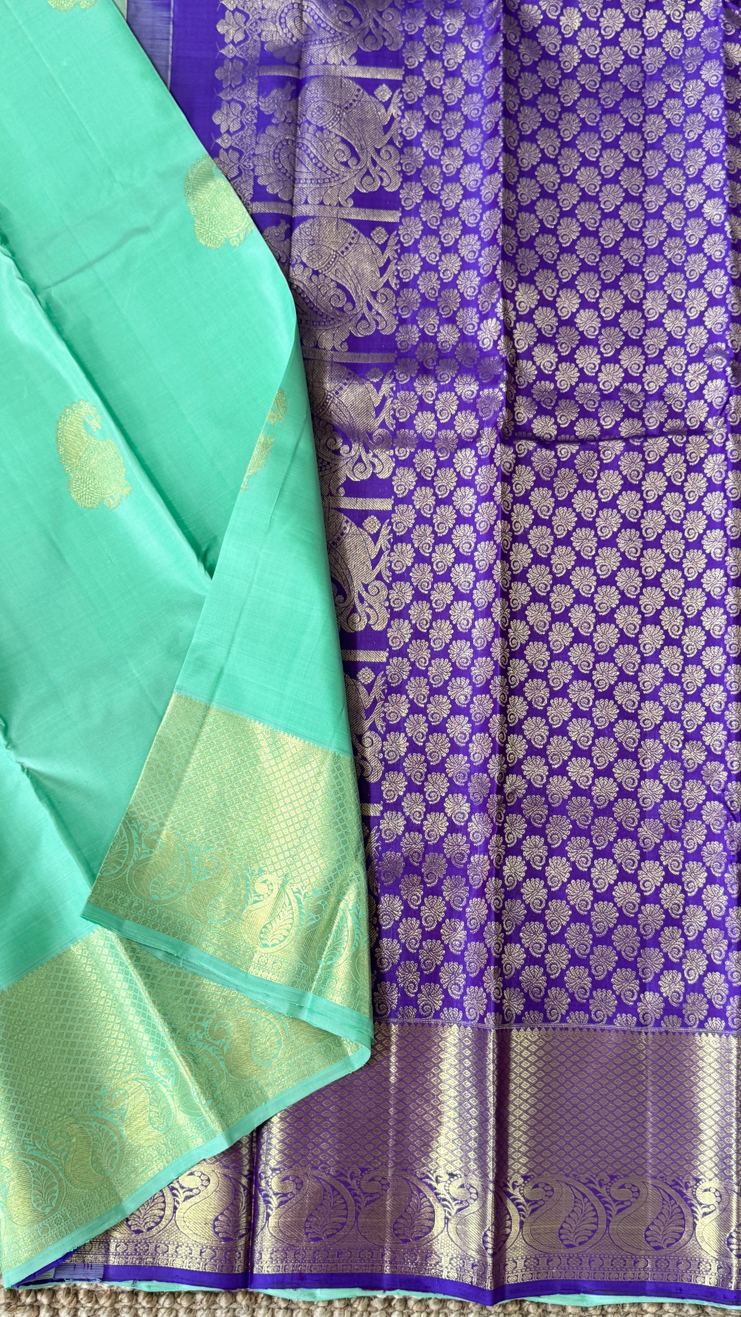 KANJIVARAM PURE SILK HANDLOOM SAREE – AQUAMARINE & PURPLE WITH MANGO AND PEACOCK MOTIFS