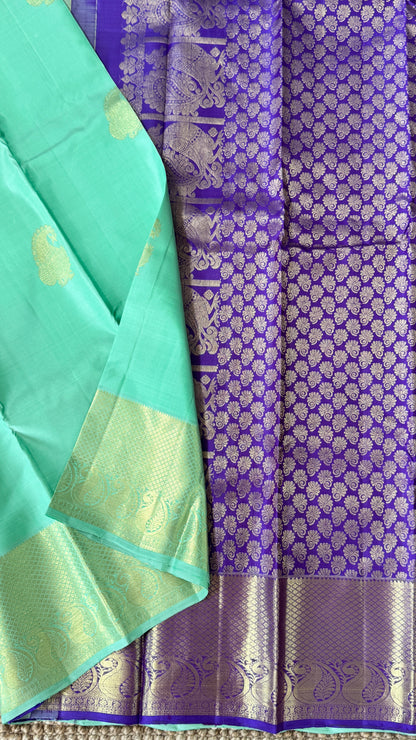 KANJIVARAM PURE SILK HANDLOOM SAREE – AQUAMARINE & PURPLE WITH MANGO AND PEACOCK MOTIFS