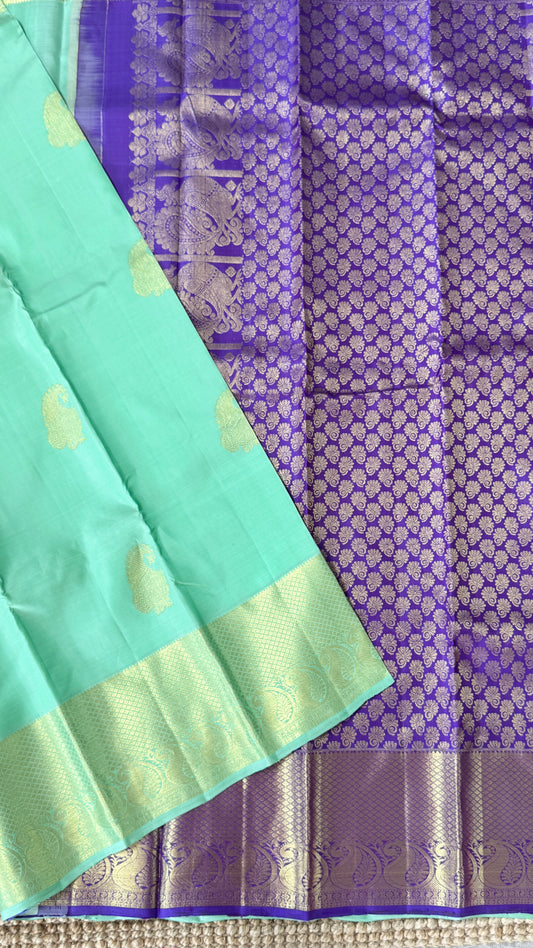 KANJIVARAM PURE SILK HANDLOOM SAREE – AQUAMARINE & PURPLE WITH MANGO AND PEACOCK MOTIFS