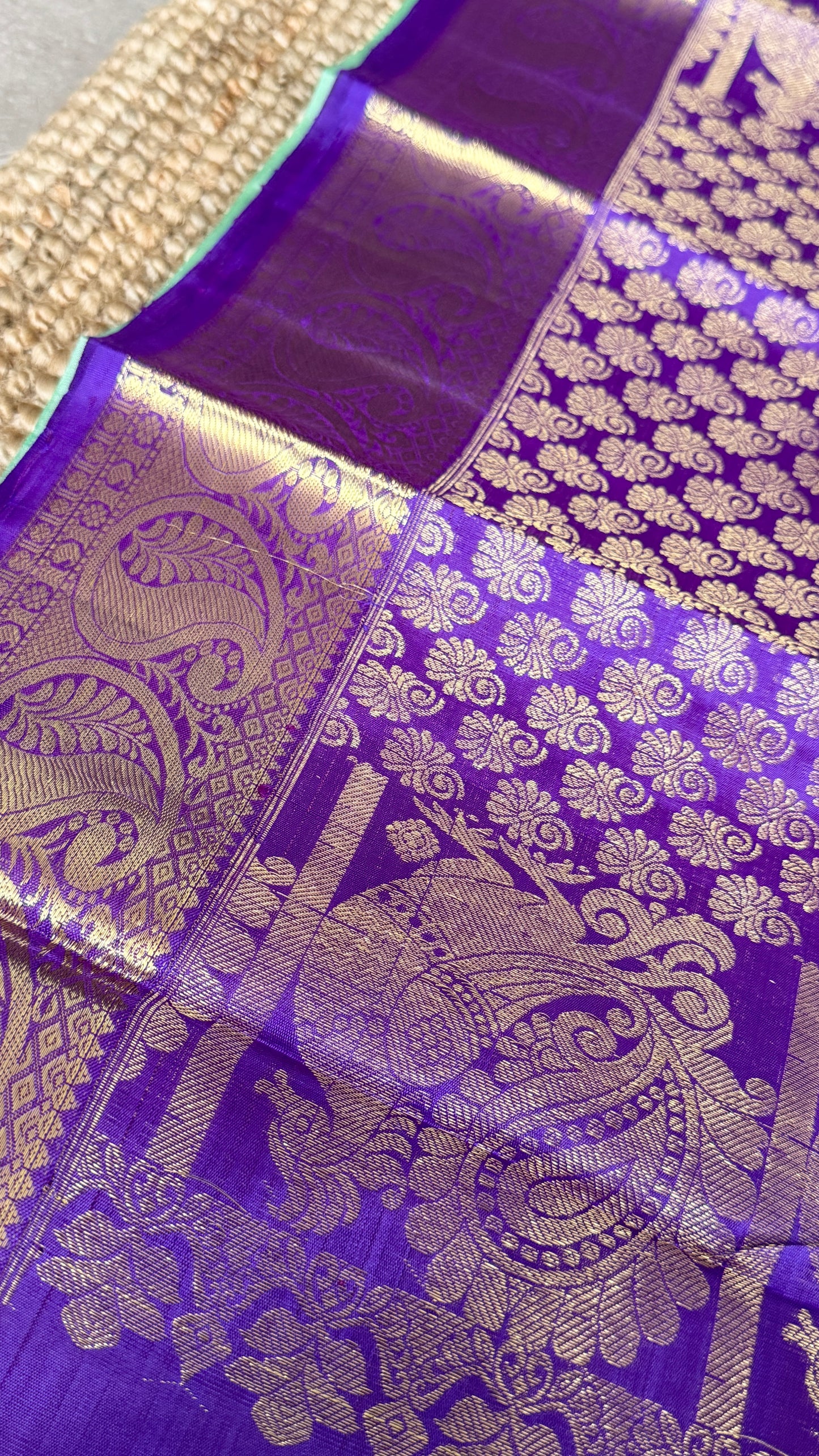 KANJIVARAM PURE SILK HANDLOOM SAREE – AQUAMARINE & PURPLE WITH MANGO AND PEACOCK MOTIFS