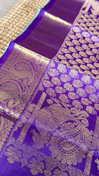 KANJIVARAM PURE SILK HANDLOOM SAREE – AQUAMARINE & PURPLE WITH MANGO AND PEACOCK MOTIFS