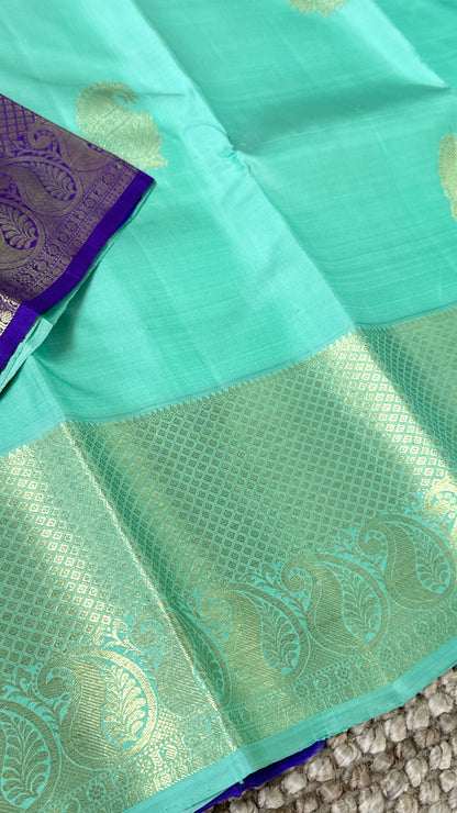 KANJIVARAM PURE SILK HANDLOOM SAREE – AQUAMARINE & PURPLE WITH MANGO AND PEACOCK MOTIFS