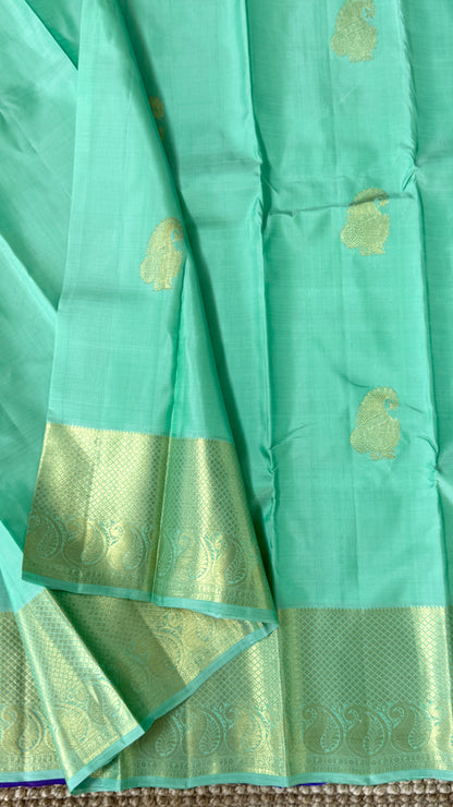 KANJIVARAM PURE SILK HANDLOOM SAREE – AQUAMARINE & PURPLE WITH MANGO AND PEACOCK MOTIFS