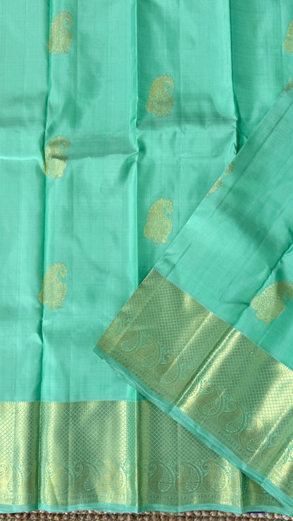 KANJIVARAM PURE SILK HANDLOOM SAREE – AQUAMARINE & PURPLE WITH MANGO AND PEACOCK MOTIFS