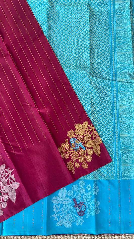 KANJIVARAM PURE SILK HANDLOOM SAREE – MAROON & BLUE, BORDERLESS WITH DUAL ZARI MOTIFS