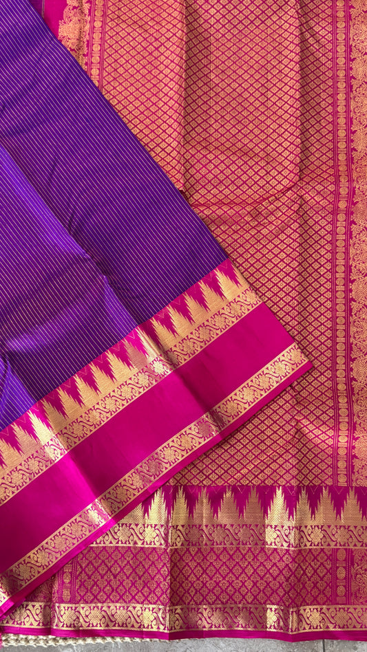 KANJIVARAM PURE SILK HANDLOOM SAREE in Purple and contrast Pink Border and Pallu