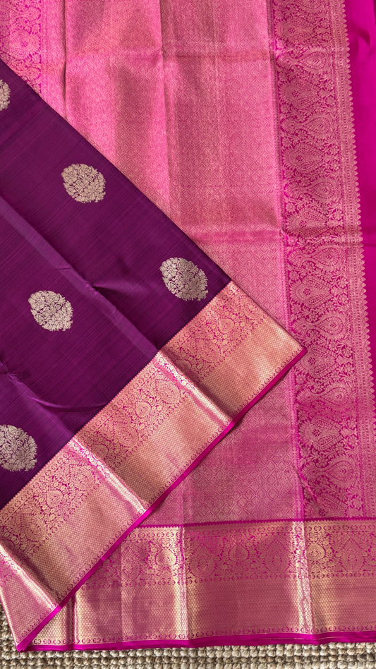 KANJIVARAM PURE SILK HANDLOOM SAREE in Wine and contrast Pink Border and Pallu