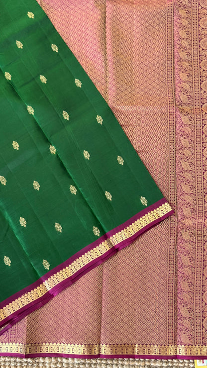 KANJIVARAM PURE SILK HANDLOOM SAREE in Bottle Green and Purple Elegance