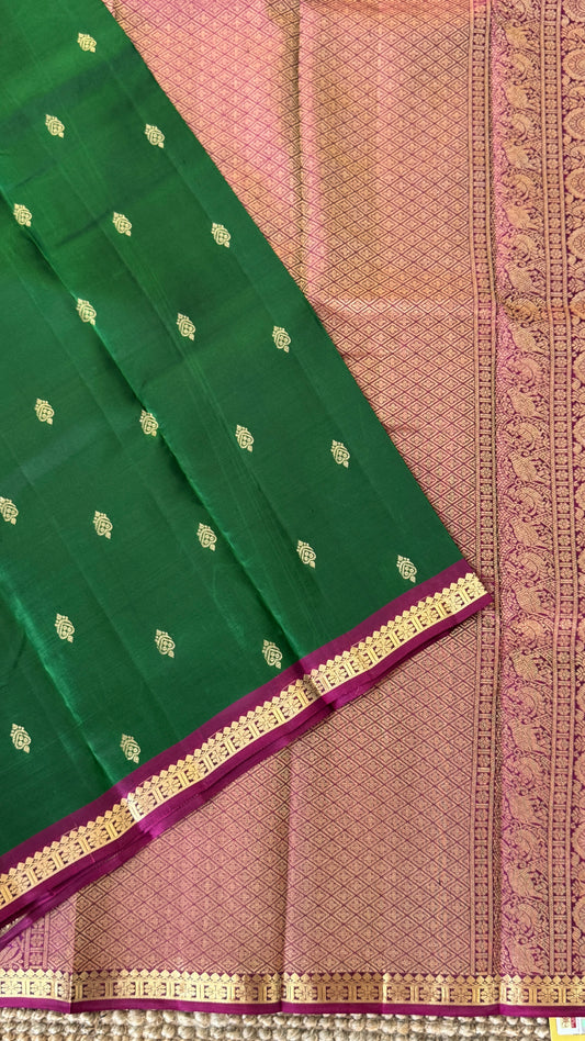 KANJIVARAM PURE SILK HANDLOOM SAREE in Bottle Green and Purple Elegance
