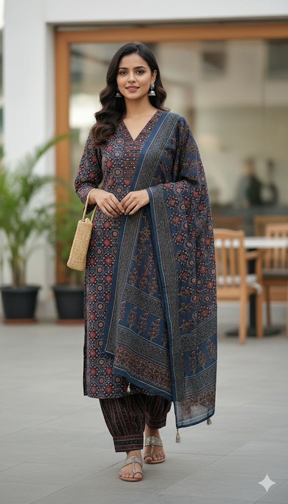 Pure Cotton Salwar Suit - Full Set - Denim Blue