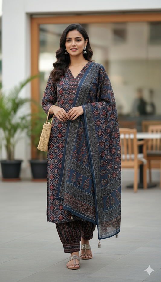 Pure Cotton Salwar Suit - Full Set - Denim Blue