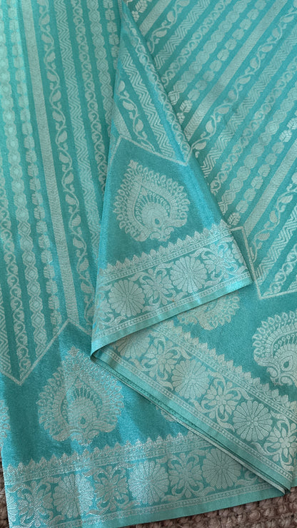 Elegant Georgette Crepe Silk Saree with Silver Banarasi Borders - Aqua/ Sea green