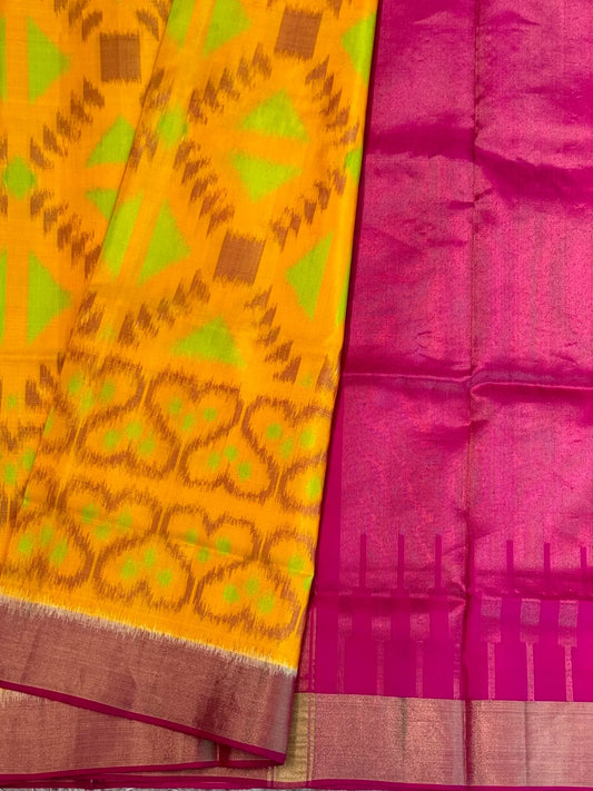 Handloom Ikkat PURE SOFT SILK SAREE WITH Pochampali BORDERS – Yellow and Pink