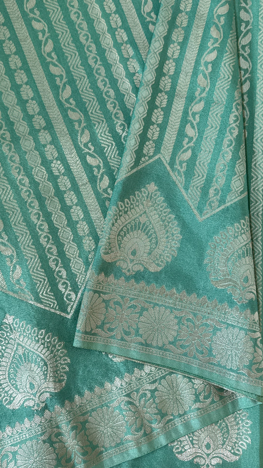 Elegant Georgette Crepe Silk Saree with Silver Banarasi Borders - Aqua/ Sea green
