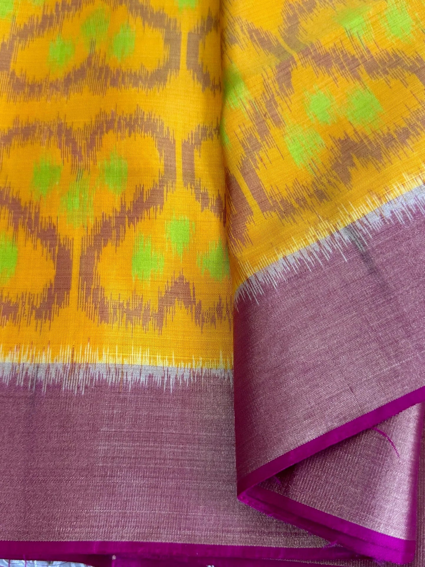 Handloom Ikkat PURE SOFT SILK SAREE WITH Pochampali BORDERS – Yellow and Pink