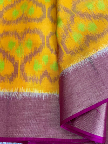 Handloom Ikkat PURE SOFT SILK SAREE WITH Pochampali BORDERS – Yellow and Pink