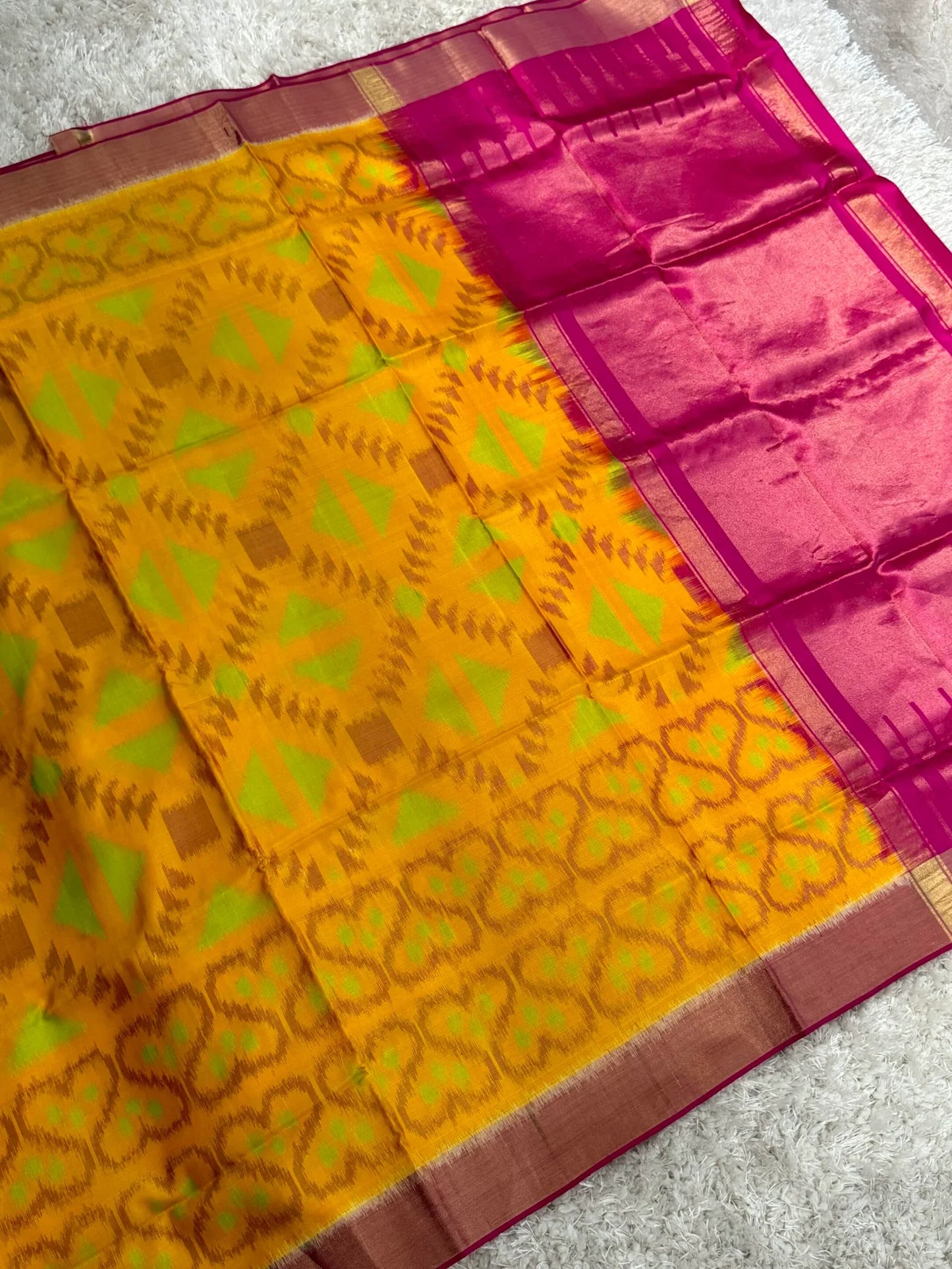 Handloom Ikkat PURE SOFT SILK SAREE WITH Pochampali BORDERS – Yellow and Pink