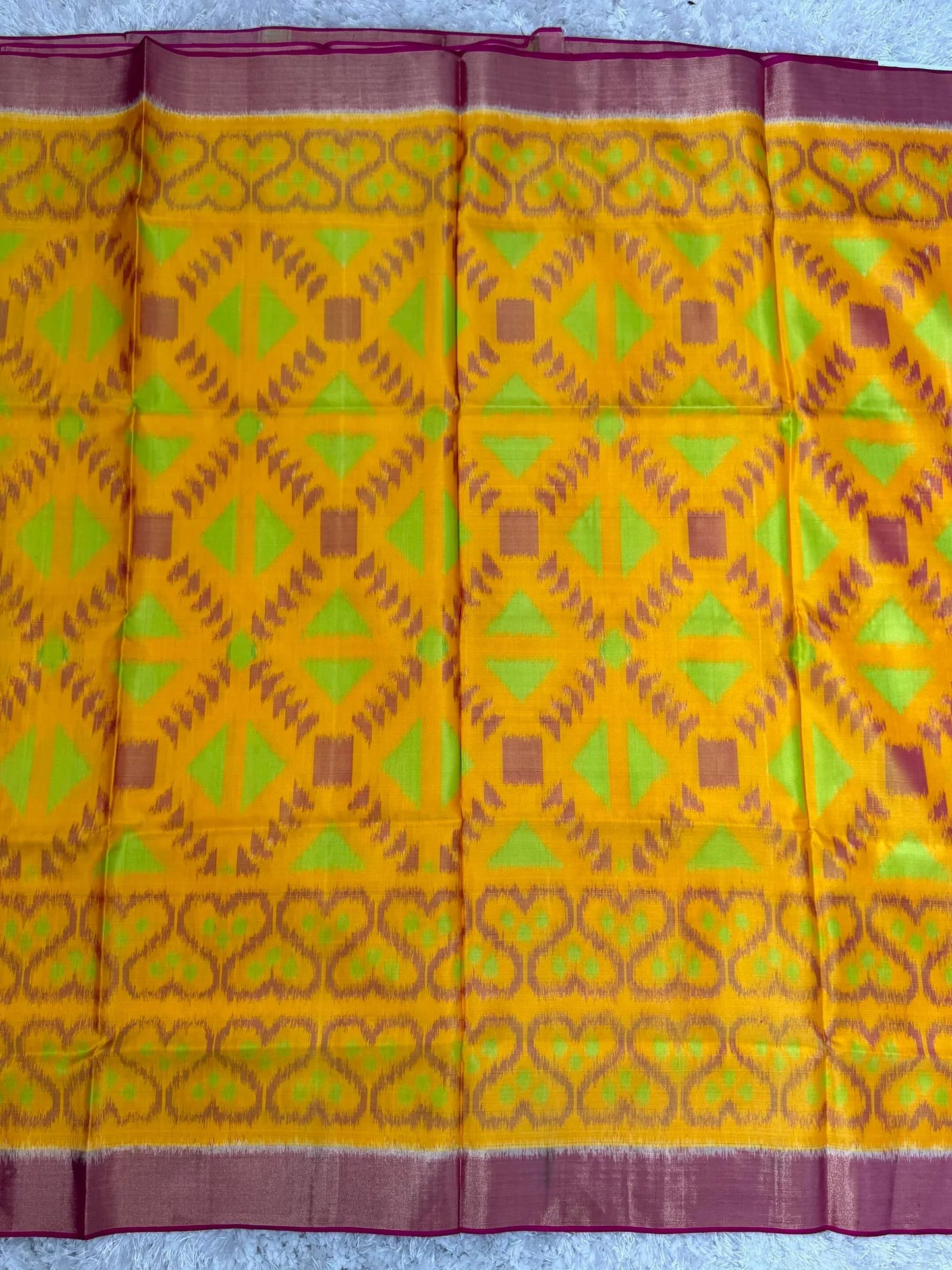 Handloom Ikkat PURE SOFT SILK SAREE WITH Pochampali BORDERS – Yellow and Pink