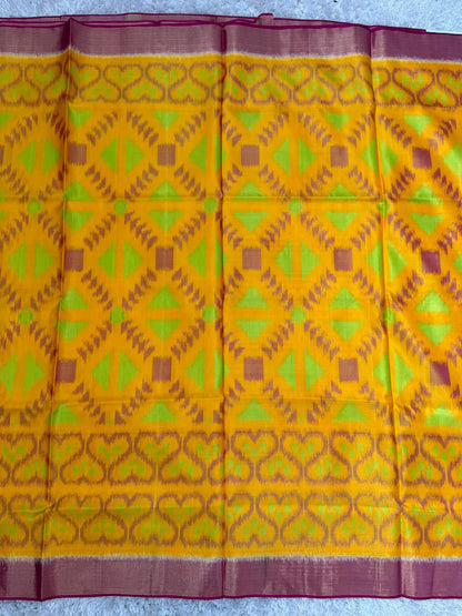 Handloom Ikkat PURE SOFT SILK SAREE WITH Pochampali BORDERS – Yellow and Pink