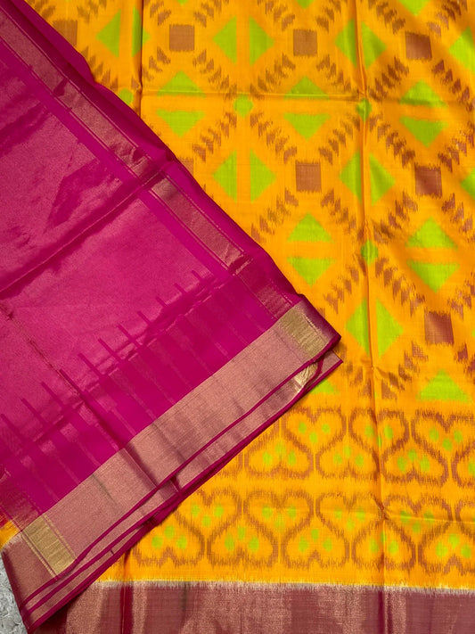 Handloom Ikkat PURE SOFT SILK SAREE WITH Pochampali BORDERS – Yellow and Pink